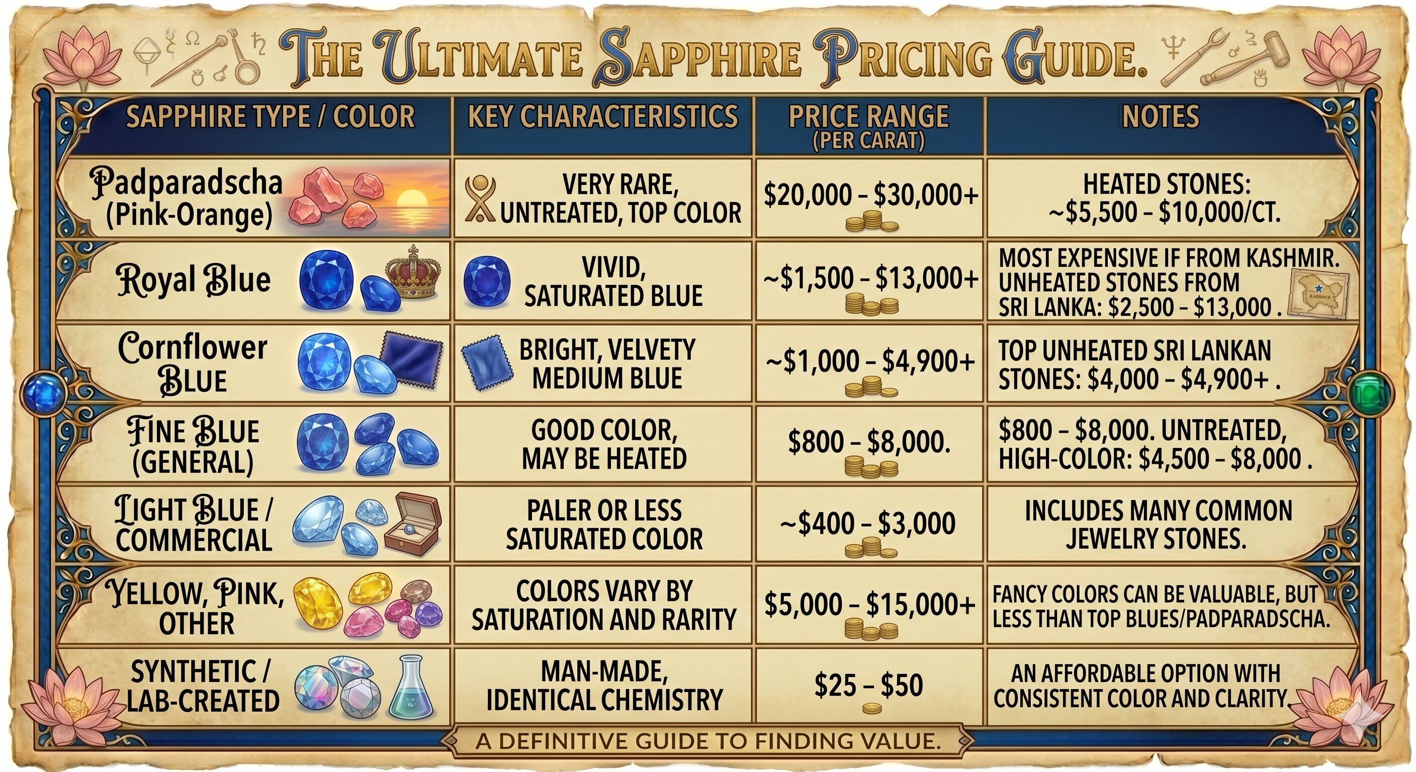 prices for different types of 1-carat sapphires